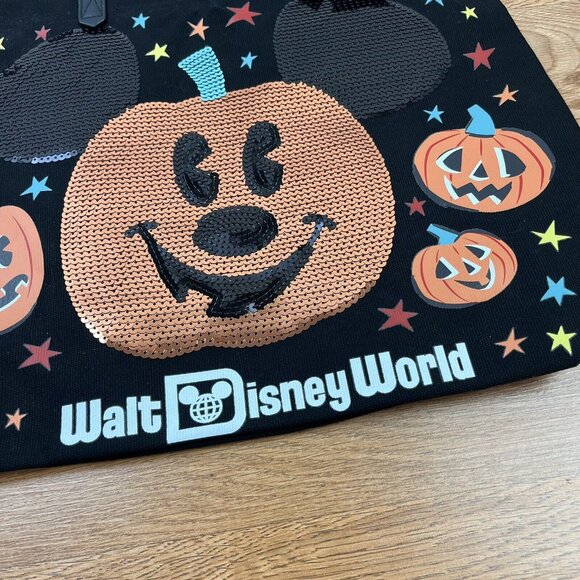 Walt Disney World Parks Halloween Mickey Sequin Pumpkin Canvas Tote Bag NEW - Picture 3 of 8